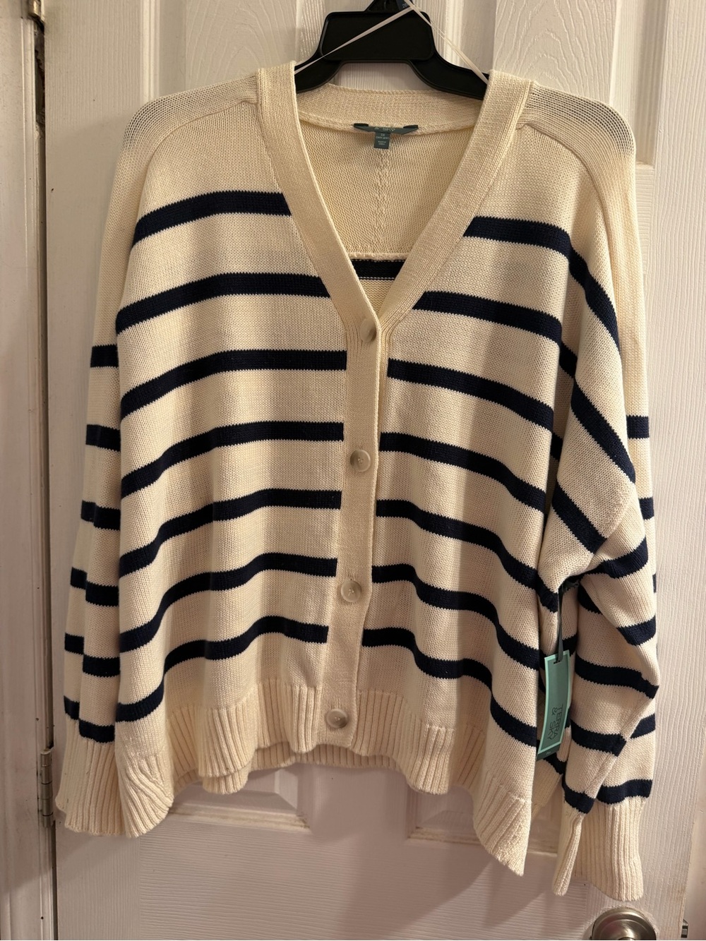 New Terra & Sky Cream and Navy Striped V-Neck Button Cardigan